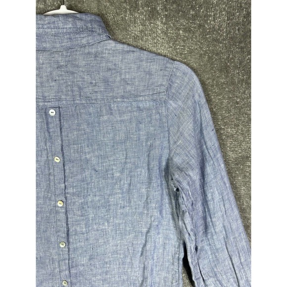 Sigrid Olsen Linen Button Up Shirt Womens Size Medium Blue Roll Tab Sleeve FLAW - Picture 10 of 16